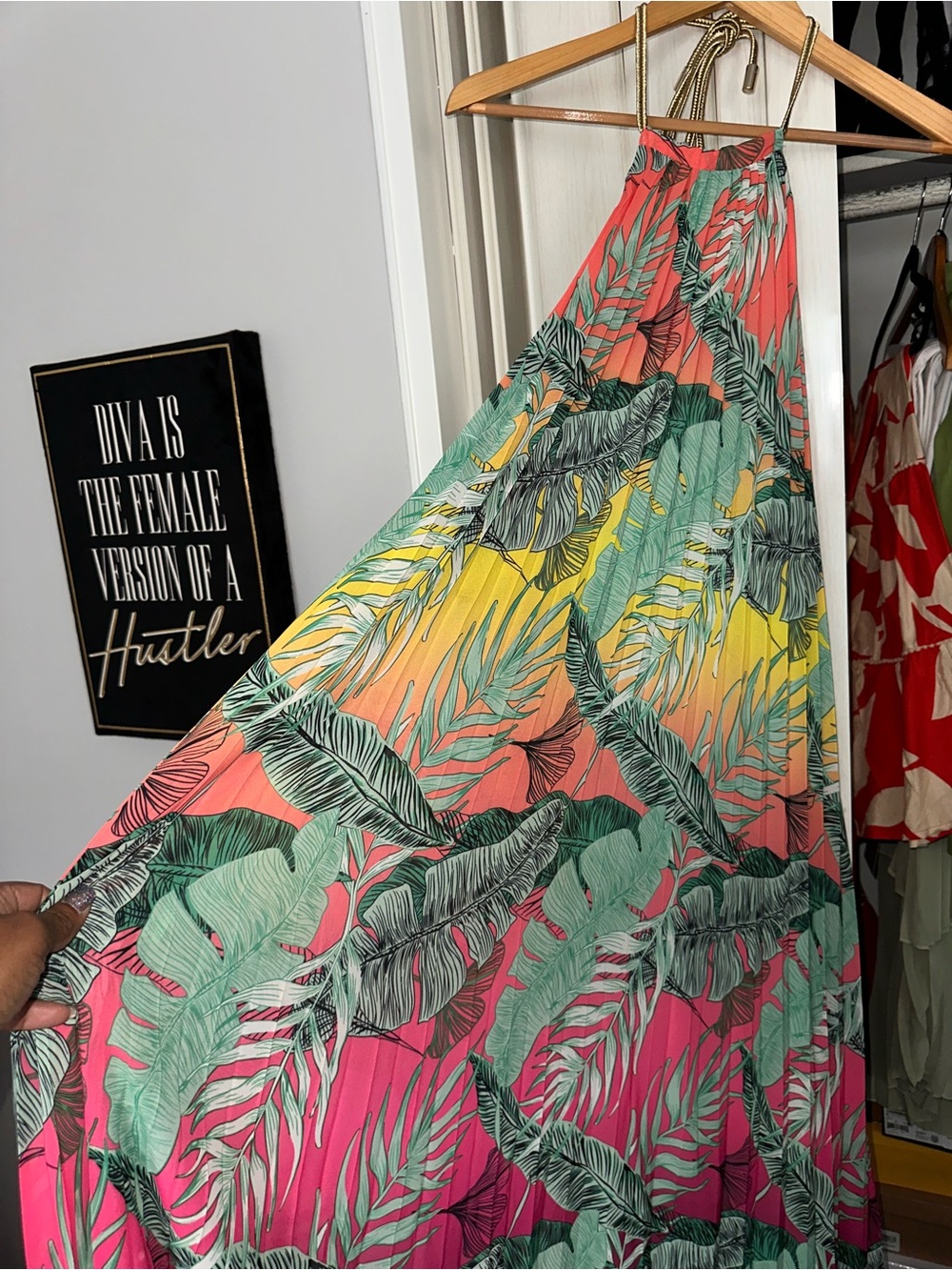 L'ATISTE Mint, Coral & Yellow Tropical Leaf Halter Dress